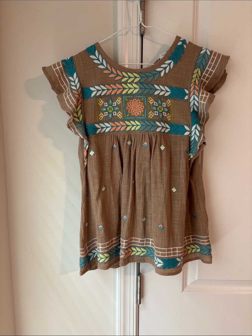 En Creme Brown Embroidered Flutter Sleeve Top with Teal and Yellow Accents